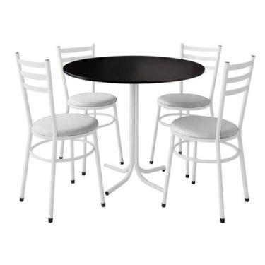 Imagem de Mesa de Jantar Redonda 80cm Preta Com 4 Cadeiras Estofada Branca - Lam