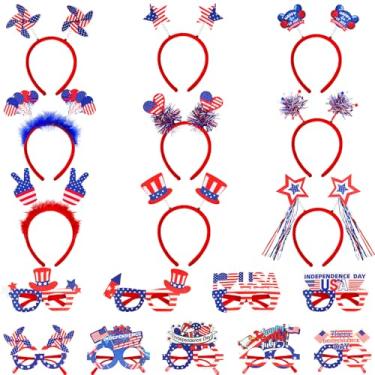 Imagem de Max Fun Conjunto de 18 peças de armação de óculos de 4 de julho e tiaras para crianças, adultos, lembrancinhas de festa patrióticas, adereços de cabine de fotos, decorações de festivais com lindos