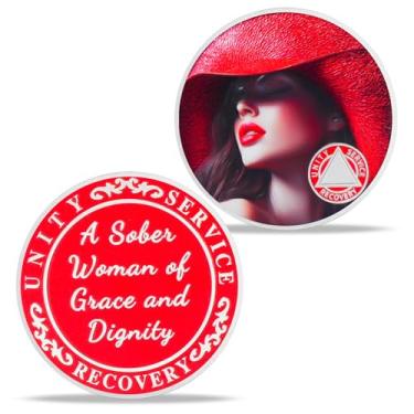 Imagem de Red Hat Lady Sobriety Coin – A Sober Woman of Grace and Dignity – Medalhão de Recuperação AA para Mulheres – Presente Inspirador Chip Token