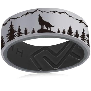 Imagem de XAHH Anel de silicone para homens e mulheres, anel de caça ao ar livre com pico da floresta de lobo, alianças de casamento de borracha, preto, cinza, azul, roxo, verde, vermelho, Silicone, Sem pedra