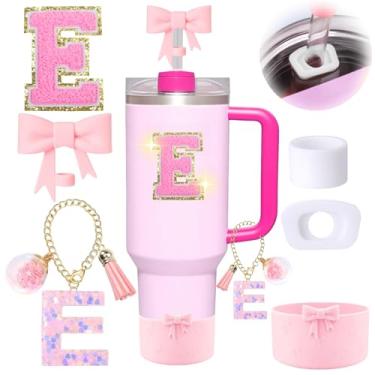 Imagem de 6 peças de acessórios rosa para copo Stanley, decorações para copo de 30/1,134 g com alça, inclui tampa e bota de cobertura de palha de laço, pingente de iniciais, adesivo de letra, tampa à prova de