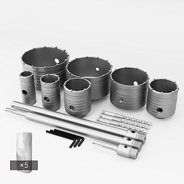 Imagem de GSTK Conjunto De Serra De Concreto De 7 Unidades (30 Mm, 40 Mm, 50 Mm, 65 Mm, 80 Mm, 100 Mm, 120 Mm) Com Barra De Fixação De Haste Sds Plus - Ideal Para Concreto, Cimento, Tijolo, Pedra E Paredes.