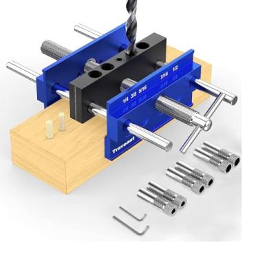 Imagem de TRAVEANT Kit de gabarito de cavilha autocentralizante, conjunto de buchas de guia de broca, ferramentas de trabalho de madeira, broca e acessórios, guia de perfuração de largura ajustável, acessórios