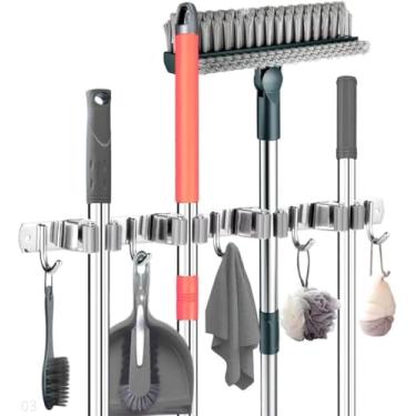 Imagem de Suporte Organizador Multiuso de Parede em Aço Inox 9 em 1 – Porta Vassouras, Rodo, Esfregão, Utensílios de Limpeza e Ferramentas de Jardim – 49,9cm, 30kg, Instalação Fácil e Anticorrosivo