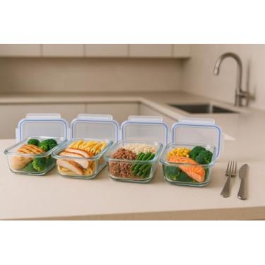 Imagem de KIT 4 Potes Vidros Herméticos Retangulares Marmitas Refeições 4 Travas 1040 ML