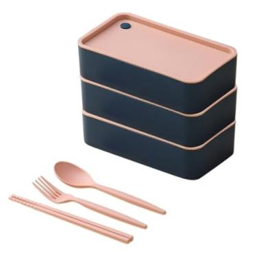 Imagem de Marmita Bento Box 3 Andares e 2 Divisórias com Hashi e Talheres, 18x10x15cm, Colorida, Plástico Hermético, Estilo Japonês, Organizador de comida, Recipiente para almoço, Lanche (Rosa)