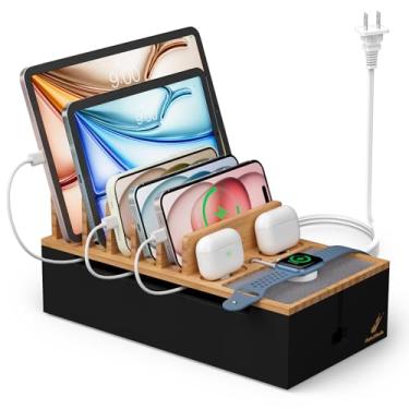 Imagem de Pezin & Hulin Caixa de gerenciamento de cabos, estação de ancoragem para vários dispositivos, com adaptador de carregamento de 5 portas e 6 cabos, organizador de fios para cabos, caixa para esconder