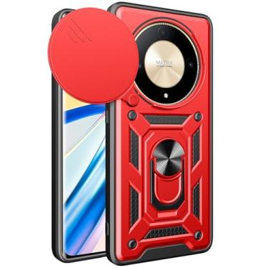 Imagem de Yarxiawin Capa protetora de lente para câmera Honor Magic 6 Lite preta com Kicktand, capa para celular Honor Magic 6 Lite à prova de choque escudo robusto resistente com suporte de anel (vermelho)