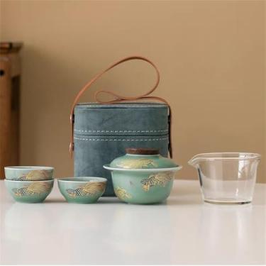 Imagem de Conjunto de Chá Celadon Portátil - Bule de Viagem de Cerâmica Chinesa com 3 Xícaras e Estojo de Armazenamento | Kit de Chá Gongfu Compacto para Camping/Escritório, Qingyu Jinli Coveri