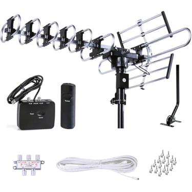 Imagem de Antena de TV HD para ambientes externos da FiveStar, modelo mais novo de até 200 milhas de longo alcance com rotação motorizada de 360 graus, rádio UHF/VHF/FM com controle remoto infravermelho, Antenna+Kit+Pole