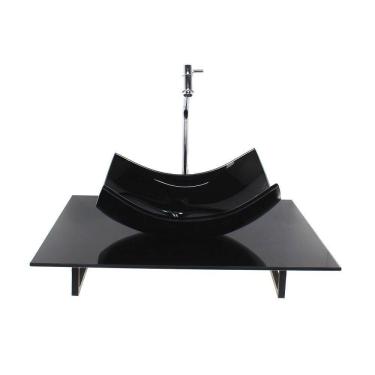 Imagem de Kit Cuba Vidro Retangular Curvada Tampo 60Cm Preto Full E