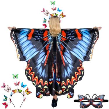 Imagem de Rngmsi Fantasia de xaile de asas de borboleta - capa de asa de borboleta de fada azul vermelha e preta com saia e máscara, conjunto de faixas multicoloridas para mulheres, acessório para fotos de