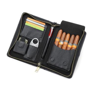 Imagem de CONTACTS Estojo De Couro Integral Para Charutos, Caixa Umidificador Charutos Viagem, Organizador Acessórios Com Cortador, Bolso Isqueiro 5 Peças (Preto)