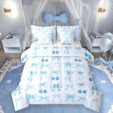 Imagem de Jogo de cama casal com laço de cereja azul e edredom fofo com laço de seda com laço de 7 peças, estampa de princesa kawaii em uma bolsa, decoração de quarto de princesa, estética