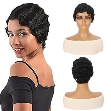 Imagem de Perucas curtas de corte Pixie para mulheres negras peruca de cabelo humano brasileiro peruca de dedo onda do oceano peruca de cabelo humano (preto natural S16)