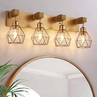 Imagem de Luminária de banheiro Farmhouse, luminária de banheiro dourada 4 claras, acabamento em latão antigo fosco rústico com abajur de metal, arandelas de parede para quarto, sala de estar, corredor