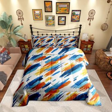 Imagem de Erosebridal Conjunto de cama Queen com pintura a óleo, arco-íris, abstrato, para crianças, homens, mulheres, boêmio, grafite, laranja, azul escuro, edredom para todas as estações