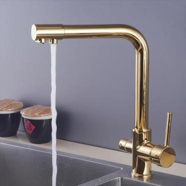 Imagem de Torneira De Cozinha 3 Em 1 Filtro Torneira Misturadora De 3 Vias Torneira Giratória De Três Vias De 360 ° Com Torneiras De Pia De Saída De água Filtrada Para Cozinha, Gold