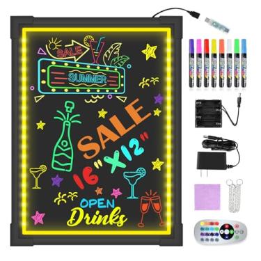 Imagem de Hosim Quadro de mensagens de LED 40,6 cm x 30,5 cm Iluminado apagável efeito néon placa de menu de restaurante com 8 marcadores de cores, 7 cores de modo piscante, lousa faça você mesmo para promoções