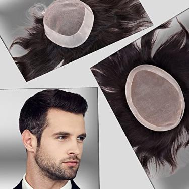 Imagem de Civmo Peruca masculina fina de cabelo humano mono peruca de poliéster sistema de cabelo monofilamento NPU peruca de cabelo para homens 15 x 20 cm 1B cor preta