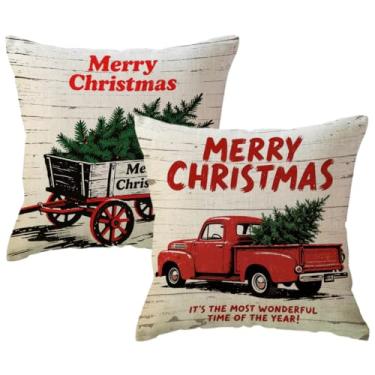 Imagem de ULOVE LOVE YOURSELF Merry Christmas Capas de almofada decorativas de árvores de Natal com caminhão vermelho vintage fazenda decoração de inverno fronhas 45 x 45 cm, pacote com 2 para sofá (vermelho)