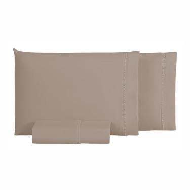 Imagem de CottonLuxury Jogo de Cama 100% Algodão 300 Fios Grampo Longo - Toque Macio Detalhe em Ponto Palito 3pcs (Bege, King)