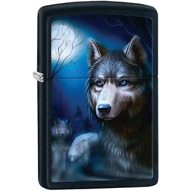 Imagem de Zippo Isqueiro - Isqueiro à prova de vento preto fosco noite lobo e lua #Z432