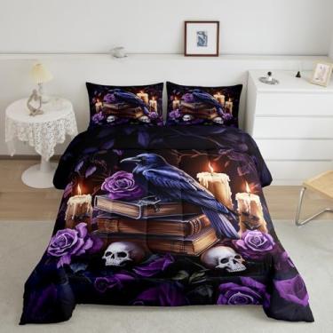 Imagem de Jogo de cama casal com coroa e crânio e rosas roxas, decoração de quarto de meninos e adolescentes, estilo casa de fazenda, para meninas e jovens, inserção de edredom de vela gótica e fogo, 2 fronhas