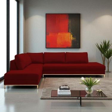 Imagem de Sofá de Canto em L Revestimento em Veludo com Chaise Lado Esquerdo 293x84cm Vermelho
