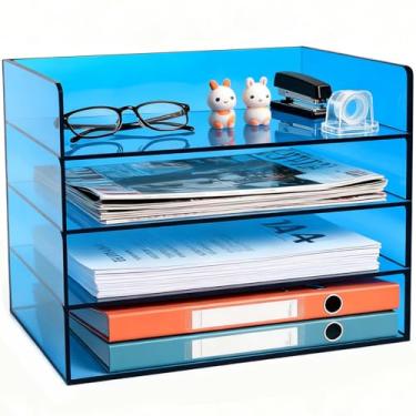 Imagem de Organizador de arquivos de acrílico para mesa, bandeja empilhável de 4 camadas, armazenamento de papel de escritório, classificador de documentos, azul