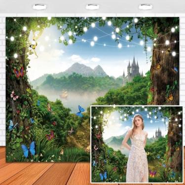 Imagem de Leowefowa Pano de fundo fotográfico de floresta encantada de vinil de 3 x 2,4 m, verde floresta, montanha, caverna, borboleta, pano de fundo de primavera, cenário de fadas, conto de fadas, país das