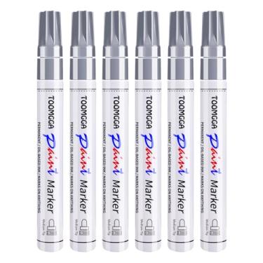 Imagem de Canetas de tinta prateadas – Pacote com 6 marcadores permanentes à base de óleo para madeira metálica, canetas para metal, pneu de carro, madeira, plástico, pintura rupestre, vidro, materiais de