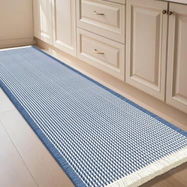 Imagem de IM HOME Tapete de banheiro waffle azul e creme, 1,6 m x 5 cm, tapetes modernos de tecido boêmio, tapetes de banheiro absorventes antiderrapantes, tapetes de banho macios laváveis com borlas para