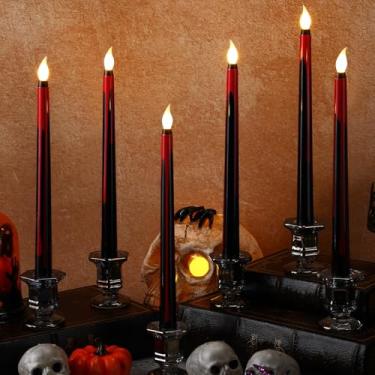 Imagem de Kittmip 6 peças de velas cônicas sem chama de Halloween 28 cm de comprimento, vermelho e preto, operado por pilha, LED sangrento, mesa assombrada, centro de mesa para decoração de mesa de festas de