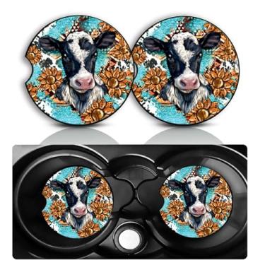 Imagem de Conjunto de 2 porta-copos de carro de vaca ocidental – Acessórios divertidos de carro de vaca girassol 7 cm tamanho universal tapete de borracha antiderrapante com inserção automática porta-copos