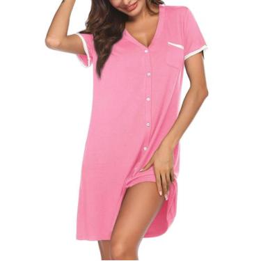 Imagem de Camisolas de pijama Ekouaer com botões e blusas de manga curta rosa