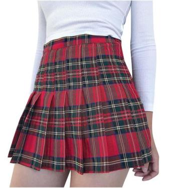 Imagem de Moda feminina cintura alta plissada impressa Slim Lattice A-line saia 