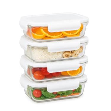 Imagem de kit Pote Hermético de Vidro com Tampa Branca, com 4 potes, 640ml, 18x6,5cm, Retangular, para Armazenamento de Alimentos, Ideal para Cozinha