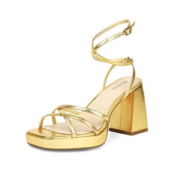 Imagem de Sandálias de salto alto Reitoye Strappy Platform Gold para mulheres