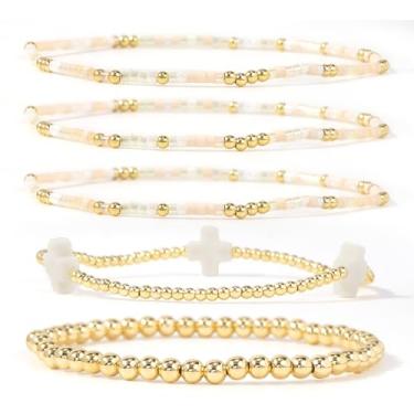 Imagem de SHINUS BOHO Conjunto de 5 pulseiras femininas com contas de ouro cruzado, pingente colorido elástico, feito à mão, amizade, joia boêmia, 7, Sem Pedra Preciosa