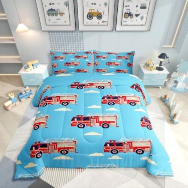 Imagem de Erosebridal Conjunto de cama solteiro com desenho animado de caminhão de bombeiros, carro de bombeiros vermelhos, céu azul e nuvem branca para decoração de quarto de crianças, homens, adolescentes