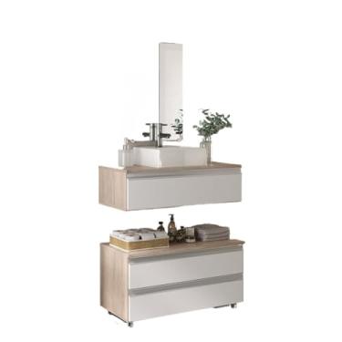 Imagem de Conjunto Gabinete Banheiro 80cm (gabinete + cuba + espelheira)(Madeirado/Branco)