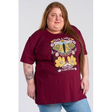Imagem de T-shirt Feminina Plus Size Malha Algodão Estampada "PEACE & LOVE" - Se