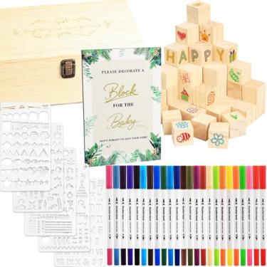 Imagem de Kit de 87 peças de jogos de chá de bebê - Blocos de madeira para decorar chá de bebê | Atividades divertidas e hilárias de chá de bebê para convidados | Decoração de chá de bebê neutro e ideia de