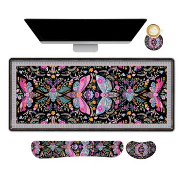 Imagem de ARTSO Conjunto de tapete de mesa preto, mouse pad estendido para jogos com suporte para descanso de pulso + descanso de pulso para teclado + porta-copos para mouse, borboleta grande e fofa, borboleta