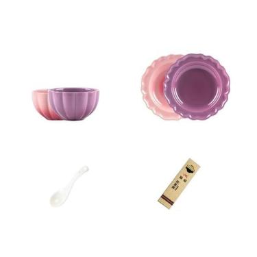 Imagem de Pratos de cerâmica retrô requintados rosa roxo e utensílios domésticos frescos - conjunto de 8 peças para 2 pessoas (Lite)