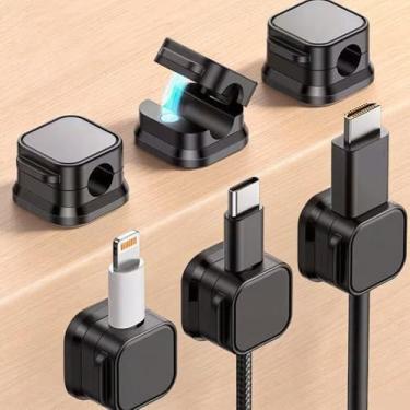 Imagem de Grampos de cabo elétrico adesivos, pacote com 6 organizadores de fios magnéticos ajustáveis para uso no carro, na parede da mesa, preto