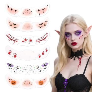 Imagem de 12 folhas de tatuagem de rosto de sardas com glitter para o dia das bruxas - design de fantasma de morcego aranha, para Halloween, Natal, fantasia de dançarina de maquiagem feminina