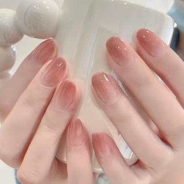Imagem de Unhas postiças curtas redondas ombré rosa nude com design cobertura completa cola em bastão falso artificial em unhas de acrílico para mulheres, 24 peças