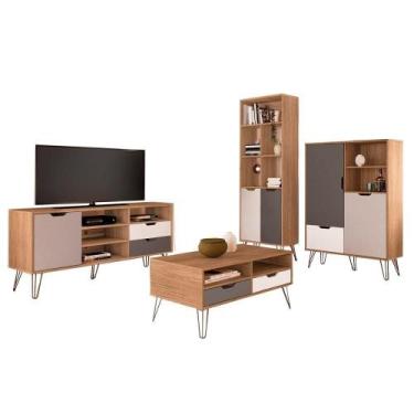 Imagem de Conjunto Para Sala Rack Tv 60 Pol Carvalho Branco Arly - MILANI MOVELA
